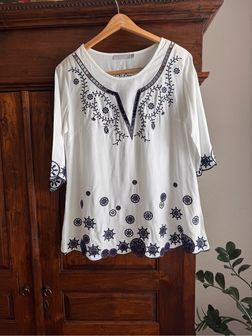 Solitaire Embroidered White and Blue Tunic Top Coastal Boho
